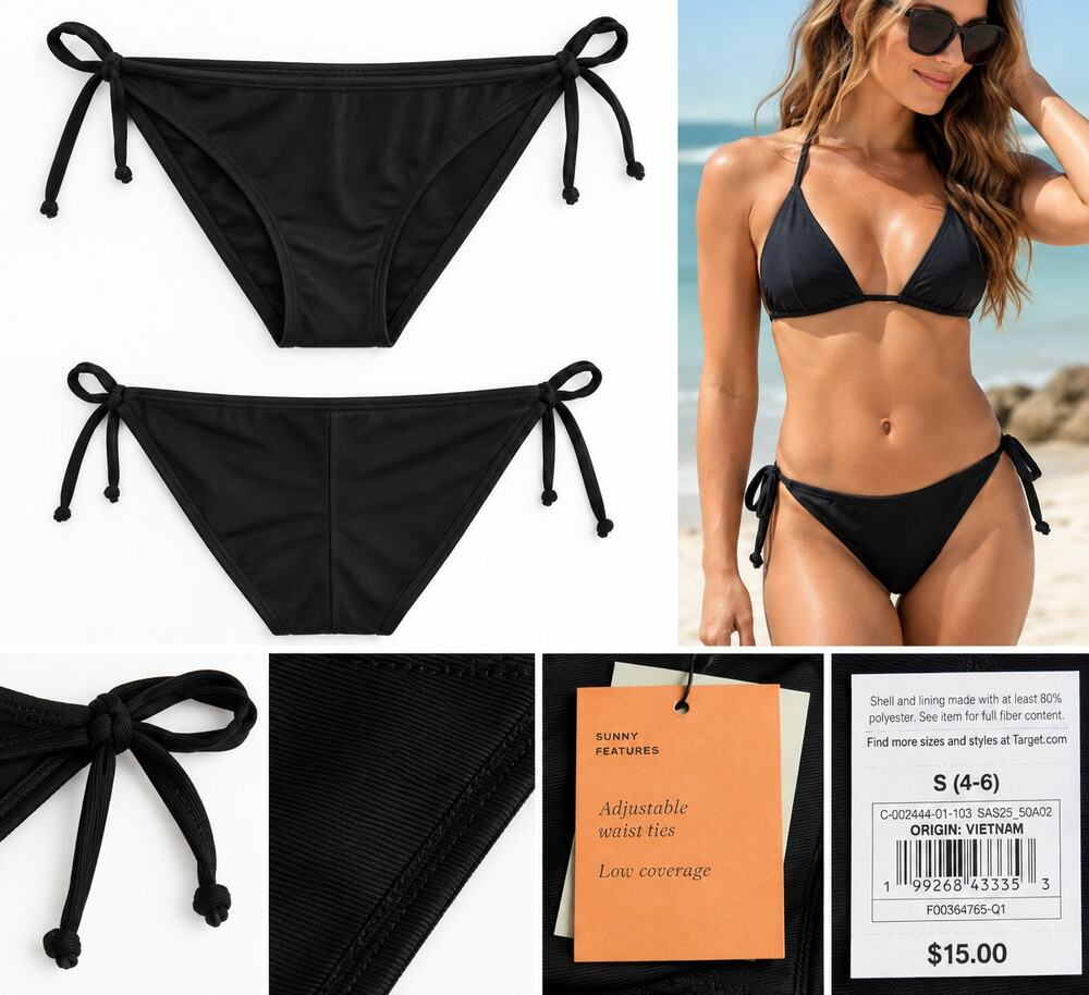 Shade & Shore Women’s Black Adjustable Tie-Side Bikini Bottom – Size Small (4–6)